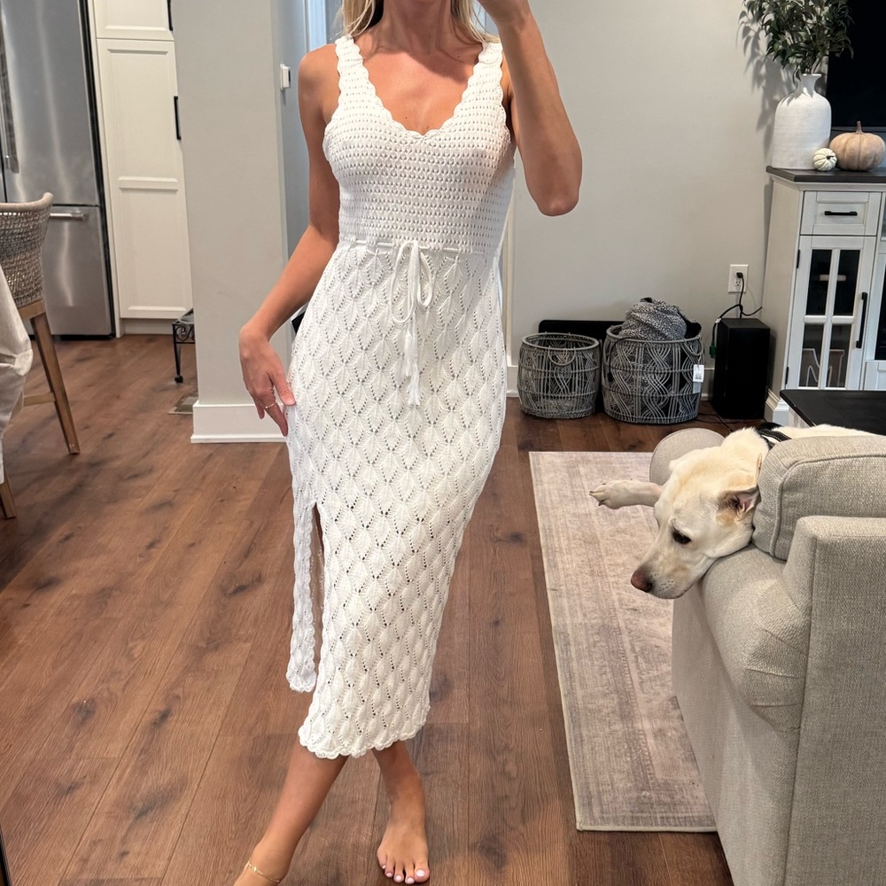 Lulu's White Crochet Knit Midi Dress